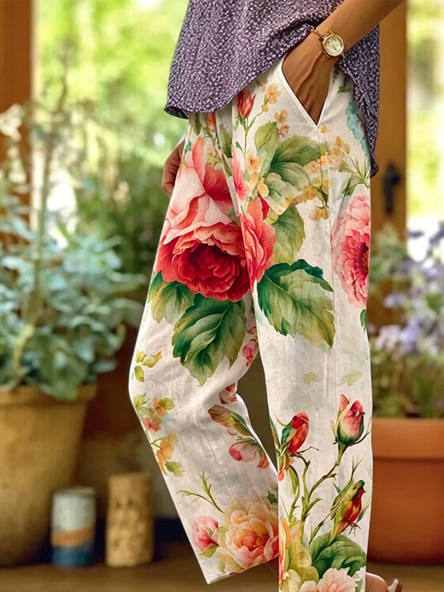 Women Floral Long Pants Vintage Spring/Fall Trousers