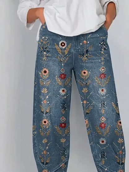 Women Geometric Capris Pants Vintage Summer Trousers