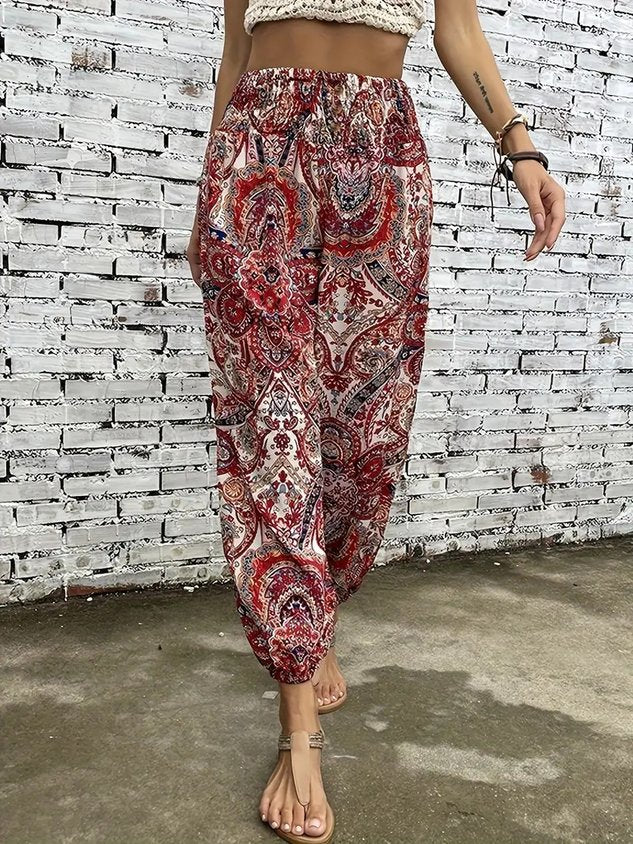 Women Geometric Long Elastic Waist Pants Casual Spring/Fall Trousers