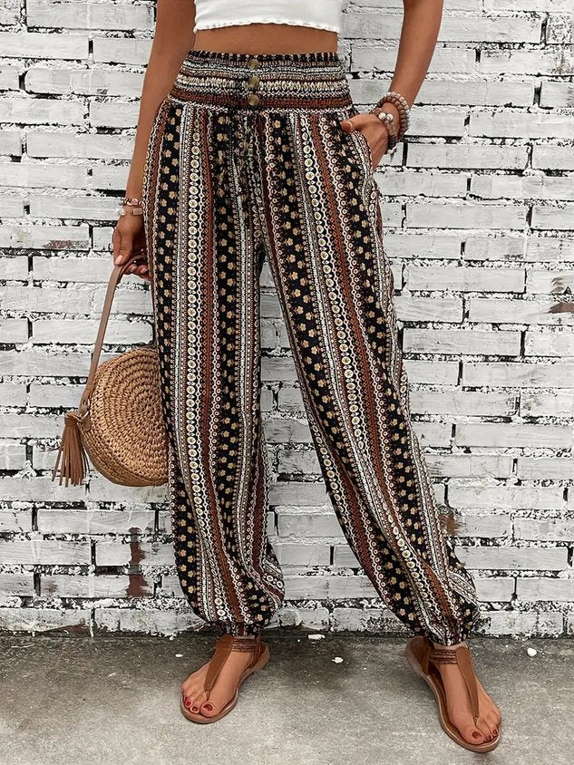Women Geometric Long Elastic Waist Pants Casual Spring/Fall Trousers