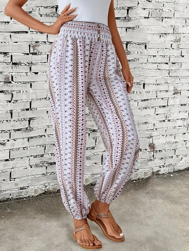 Women Geometric Long Elastic Waist Pants Casual Spring/Fall Trousers