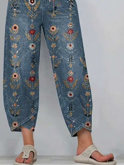 Women Geometric Capris Pants Vintage Summer Trousers