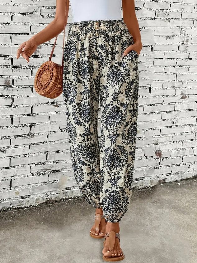 Women Geometric Long Elastic Waist Pants Casual Spring/Fall Trousers