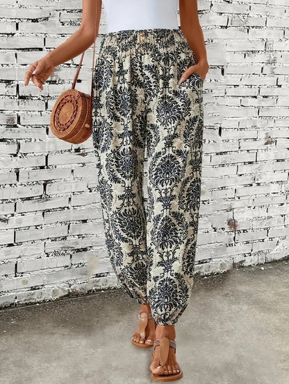 Women Geometric Long Elastic Waist Pants Casual Spring/Fall Trousers
