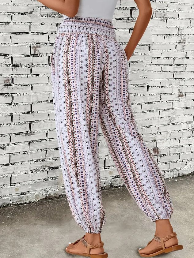 Women Geometric Long Elastic Waist Pants Casual Spring/Fall Trousers