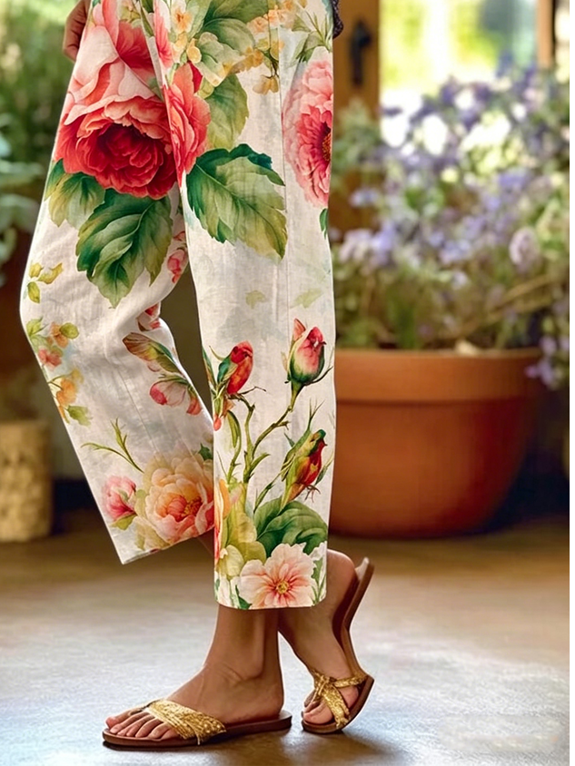 Women Floral Long Pants Vintage Spring/Fall Trousers