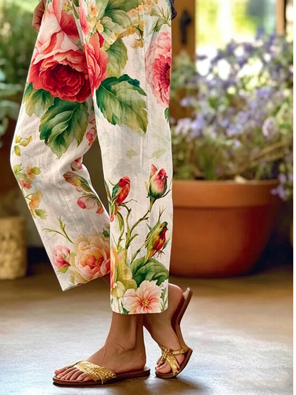 Women Floral Long Pants Vintage Spring/Fall Trousers